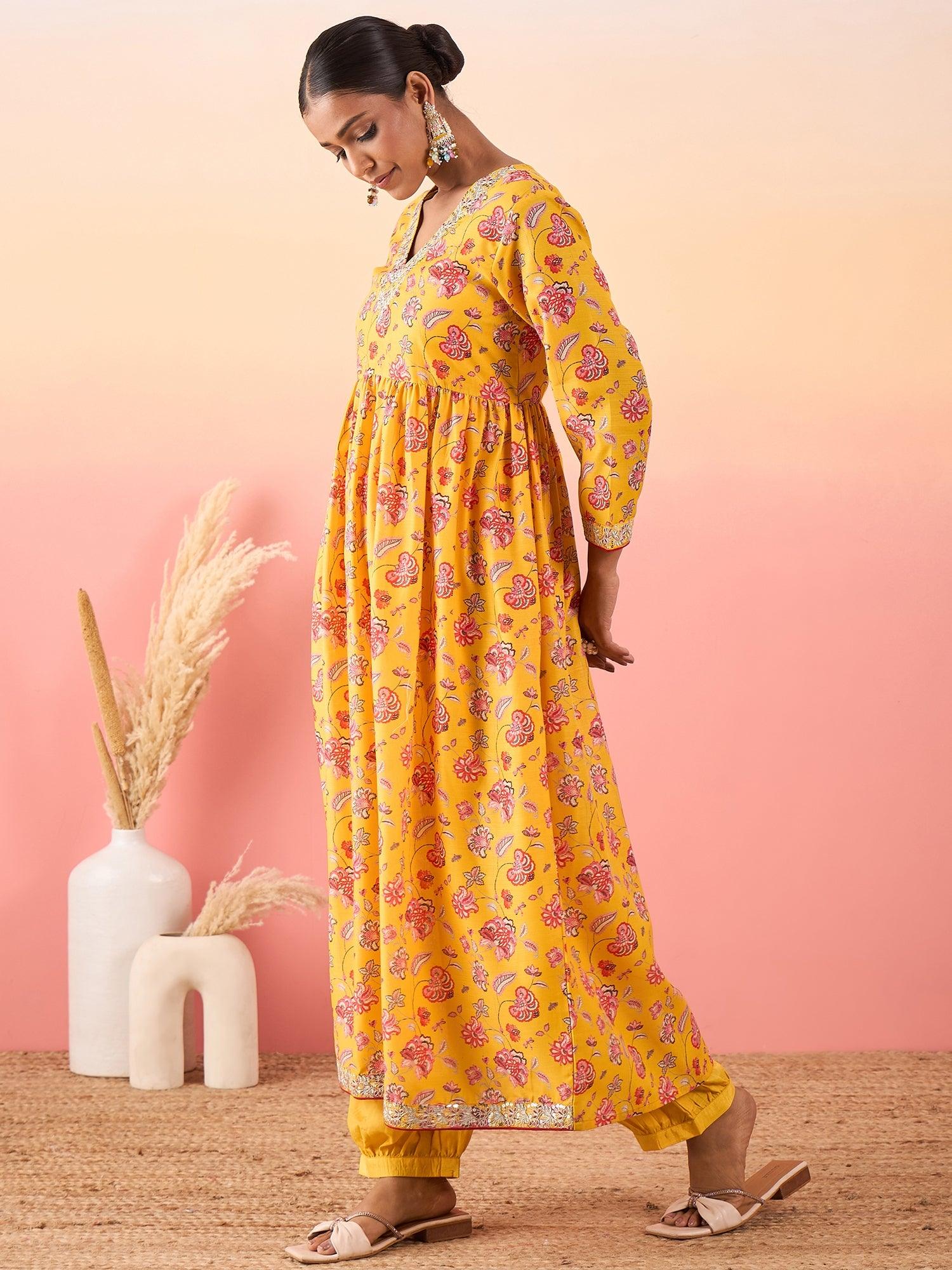 Women Floral Printed V - Neck Anakali Shape Kurta With Pant - madhunistore