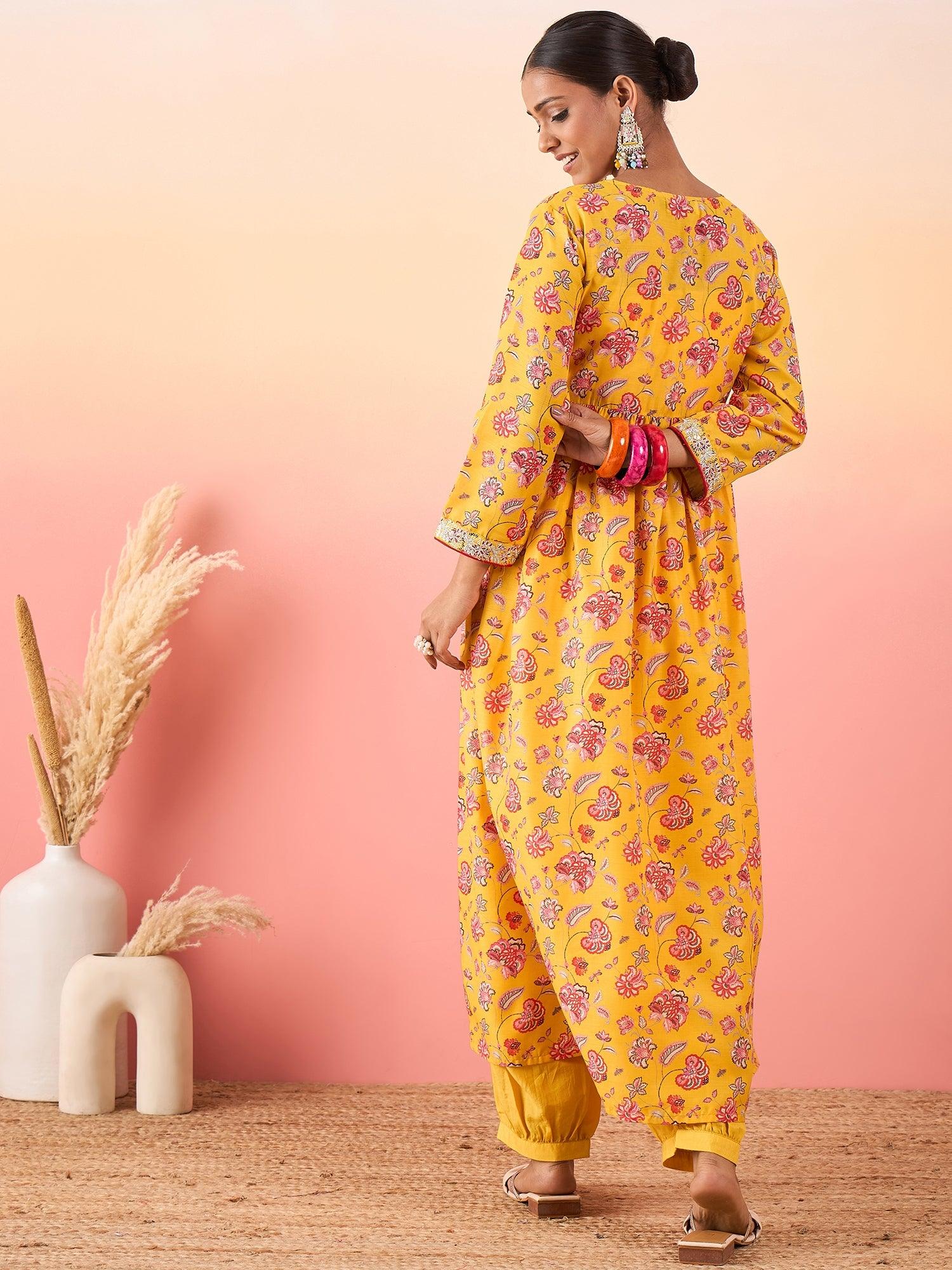 Women Floral Printed V - Neck Anakali Shape Kurta With Pant - madhunistore