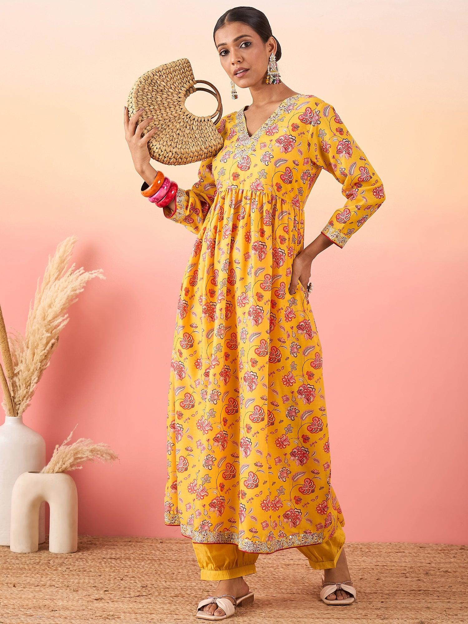 Women Floral Printed V - Neck Anakali Shape Kurta With Pant - madhunistore