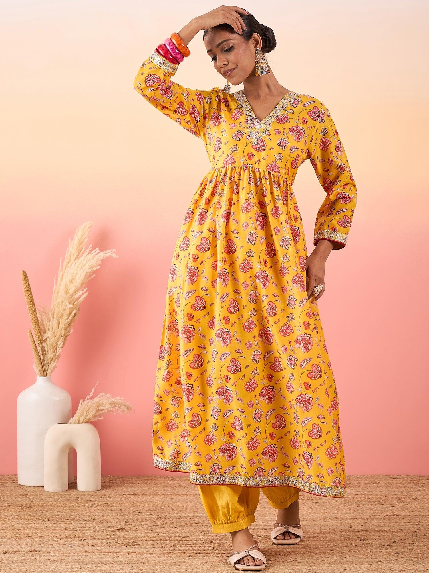 Women Floral Printed V - Neck Anakali Shape Kurta With Pant - madhunistore