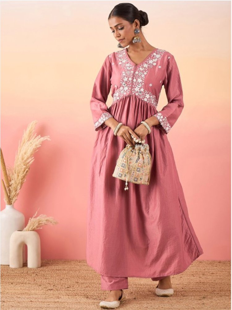 Women Floral Yoke Design Empire Thread Work Kurta with Trousers - madhunistore