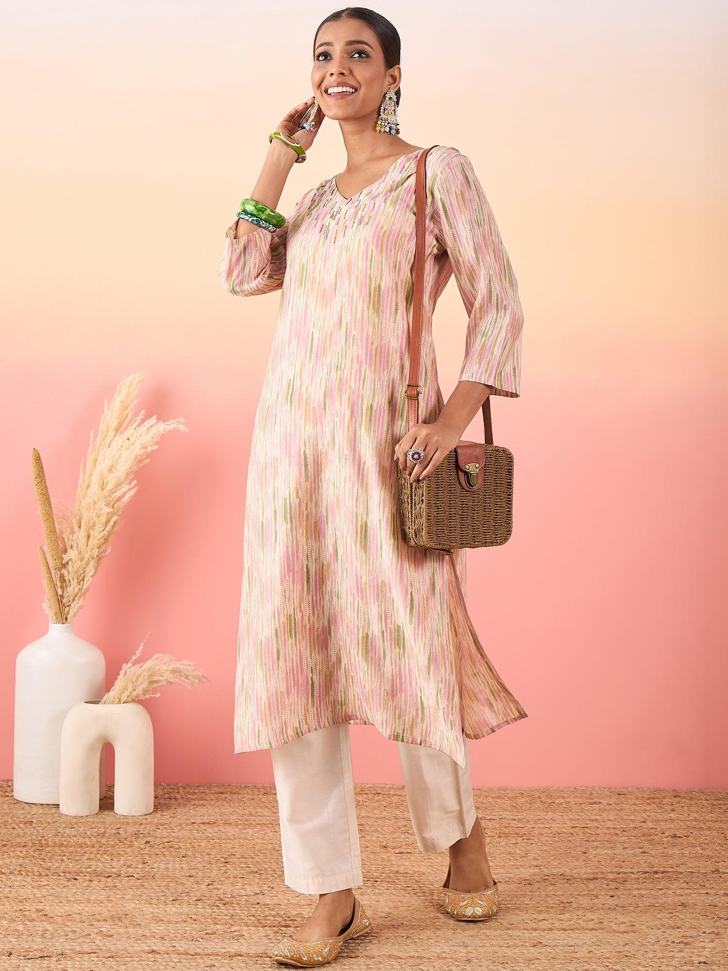 Women Printed Chanderi Silk Straight Kurta With Pant - madhunistore