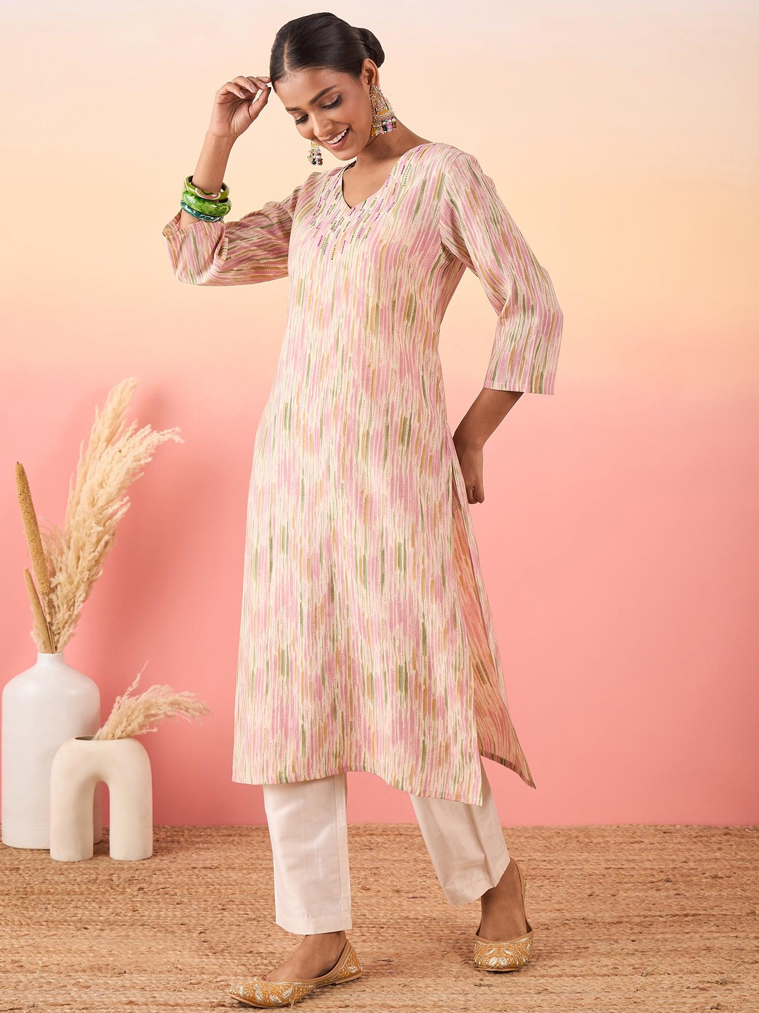 Women Printed Chanderi Silk Straight Kurta With Pant - madhunistore