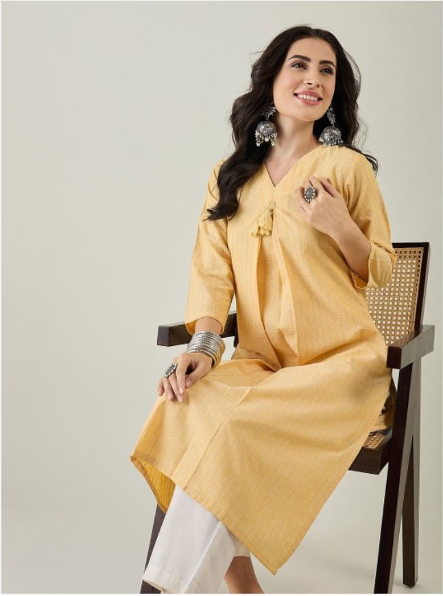 Women Striped Pleated Pure Cotton Kurta with Trousers - madhunistore